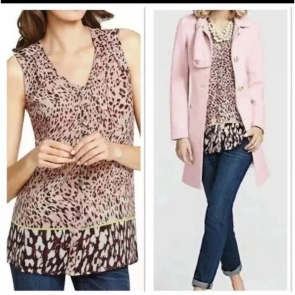 Cabi #108 Beguile Tunic Animal Print Button Up Sleeves less Size M